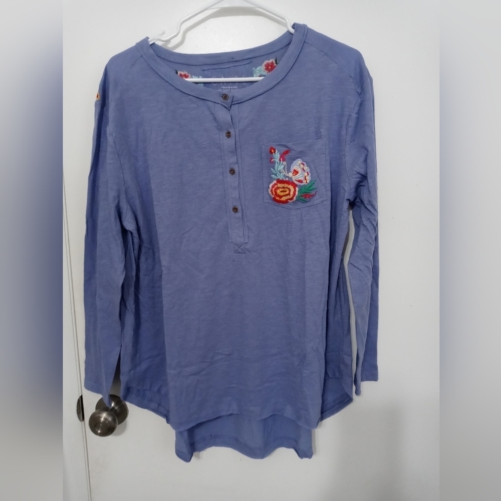 Caite long sleeve Handcrafted Floral Embroidery Distressed Blouse scalloped hem